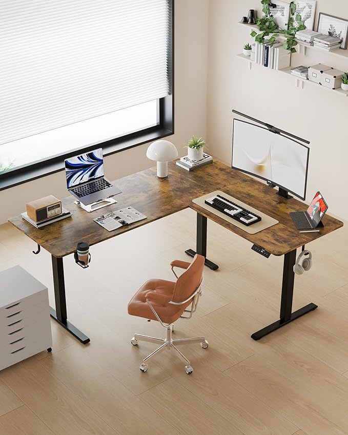 63 Inches Reversible L Shaped Standing Desk for Home Office, Electric Height Adjustable Corner Computer Desk, Sit Stand up Table with Cup Holder, Ergonomic Gaming Desk, Rustic Brown