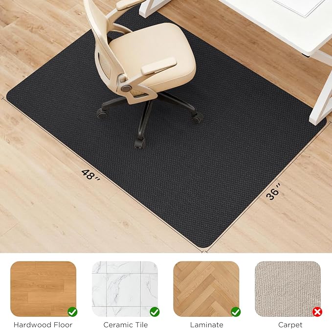 Sycoodeal Office Chair Mat for Hardwood & Tile Floor, 36" x 48" Computer Gaming Chair Mat for Rolling Chairs Non-Curve, Anti-Slip, Heavy Duty Floor Protector for Home Office (Black)