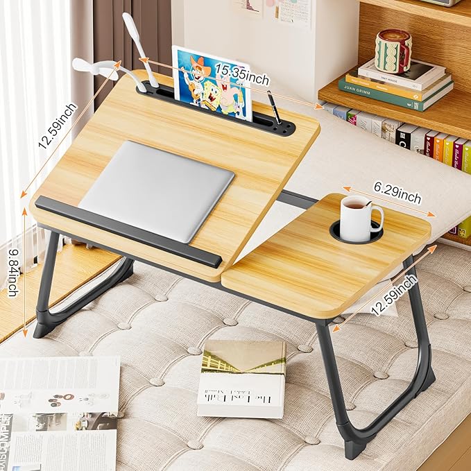 Laptop Desk for Bed, Adjustable Laptop Stand with 5 Different Angles, Portable Lap Tray Table with USB Charge Port and Cup Holder, Laptop Bed Desk Tray for Eating Working Writing (Walnut)