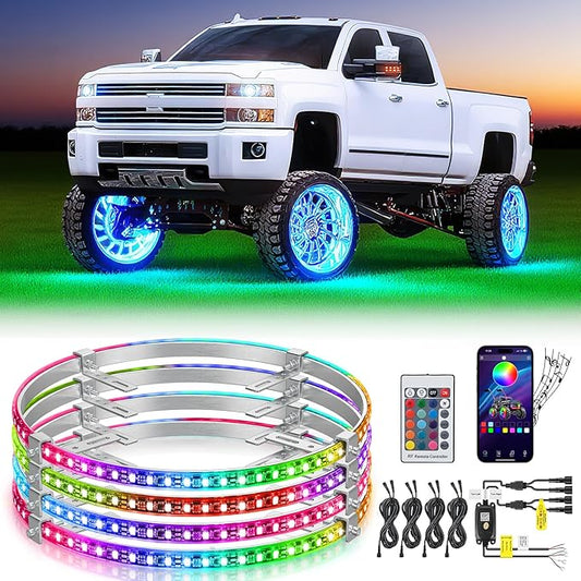 Nilight 4PCS 15.5inch LED Wheel Ring Lights RGB with APP and Remote Control Neon Lights Million Colors w/Turn Signal and Braking Function for Car Van SUV Truck