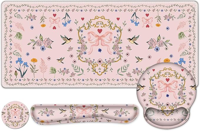 Romantic Pink Floral Mouse Pad, XXL Large Desk Mat Extended Reading Desk pad, 4PCS Non-Slip Rubber Base Computer Big Mousepads for Work, Game, Office, Home Decor Gifts Accessories I Cute Collection