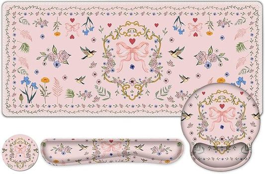 Romantic Pink Floral Mouse Pad, XXL Large Desk Mat Extended Reading Desk pad, 4PCS Non-Slip Rubber Base Computer Big Mousepads for Work, Game, Office, Home Decor Gifts Accessories I Cute Collection