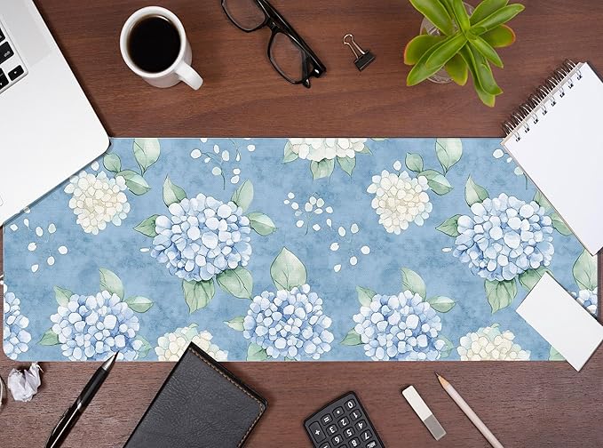 Blue Hydrangea Large Mouse Pad, Flroal Blue and White Desk Mat, Spring Summer Decor Mouse Pad for Desk Large Long White Hydrangea Extra Large Desk Pad Decorative for Office Women 31.5x11.8