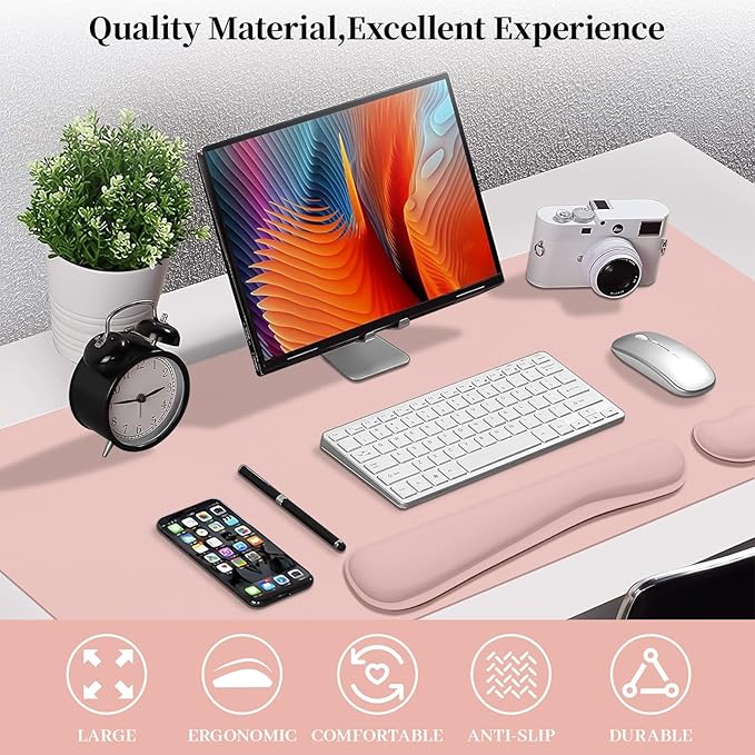 Desk Pad Mat Set,3-in-1 Large Mouse Pads with Wrist Rest and Keyboard Pad, Pink Desk Mats for Keyboards and Mouses, Ergonomic Keyboard and Mouse Mat Set for Office Home Decor, 35.4" x 16.9"