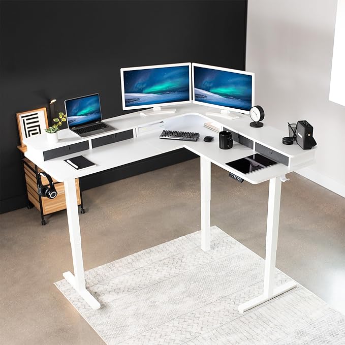 VIVO Electric 2-Tier Corner L-Shaped 63 x 55 inch Standing Desk, Height Adjustable, Memory Controller, White Top White Frame, Dark Gray Drawers, DESK-E3CVW