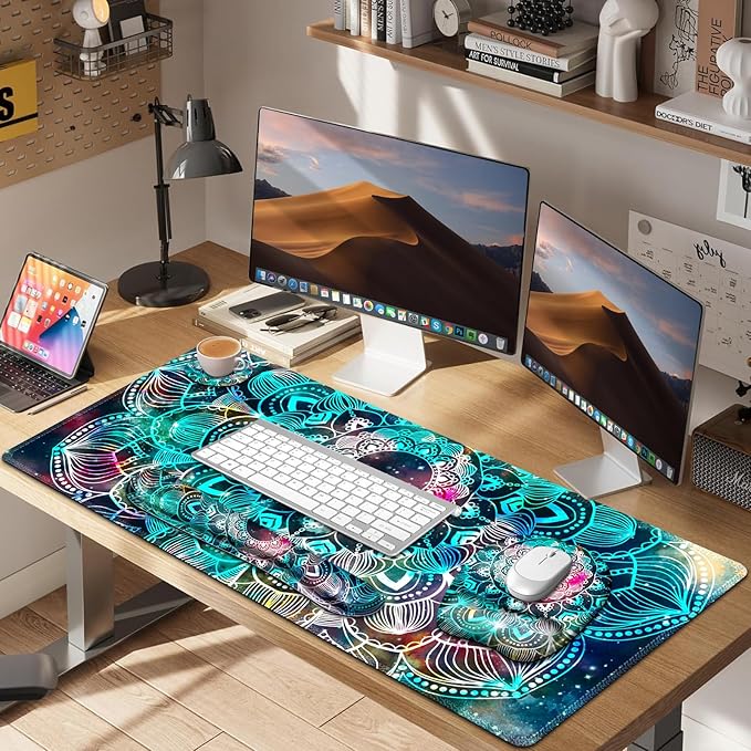Large Mouse Pad with Wrist Support 4 in1 Set, XXL Big Game Mousepad + Keyboard Wrist Rest+Mouse Wrist Rest+Coaster Ergonomic Gaming Mat for Home Office Table Computer I Nice Green Mandala