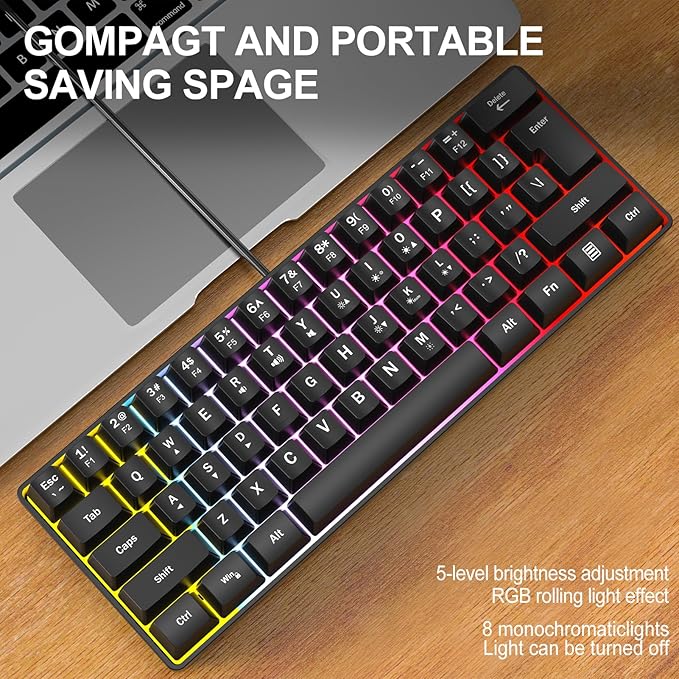 Wired RGB Gaming Membrance Keyboard. 60 Percent Mini Creamy LED Computer Keyboard .Small Ergonomic Clicky Teclado with ABS Backlit Unreplaceable Keycaps. (White Case + Blue Keycaps)