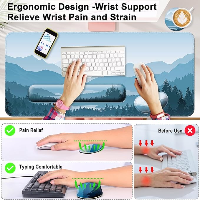 Keyboard Wrist Rest + Mouse Pad with Wrist Support + Desk Mat + Coaster 4 in 1 Set, XXL Large Gaming Mousepad Cute Ergonomic Mouse Pads for Desk Computer Laptop Office Decor-Vector Forest