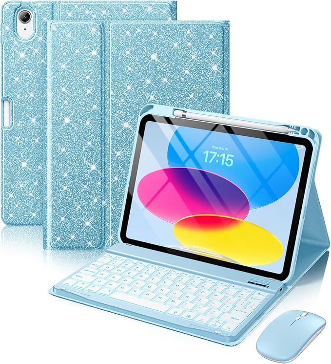 Hamile for iPad A16 Case with Keyboard - Mouse Backlit Wireless Detachable Keyboard Glitter Folio Cover with Pencil Holder for iPad 11th Gen A16 11-inch 2025 10th Generation 10.9 Inch 2022 - Sky Blue