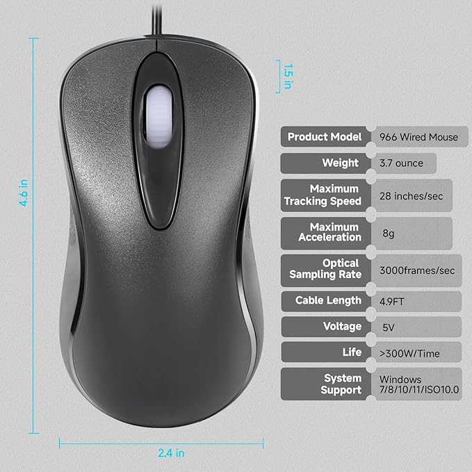 5pack Classic Wired Office Mouse Ergonomic USB Optical 3-Button 1000 DPI Comfortable Durable for Windows Mac Laptop Desktop Black