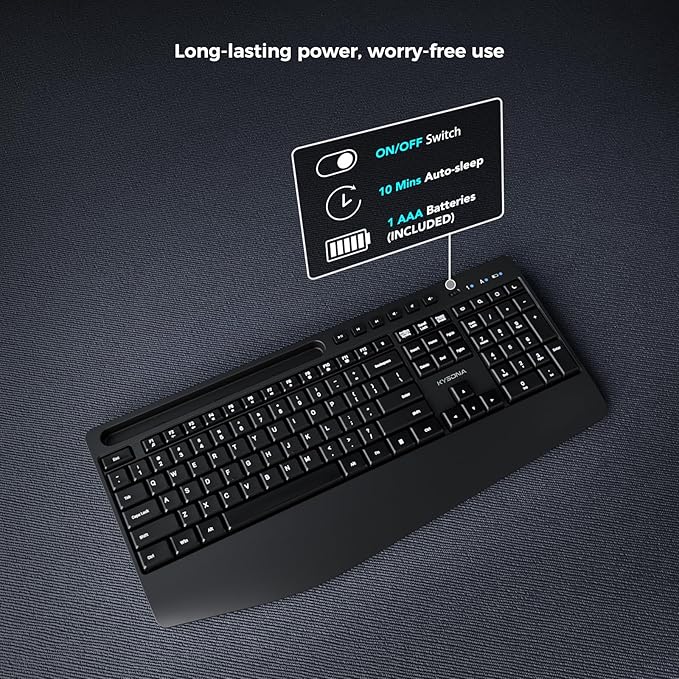 KYSONA 5th Gen Wireless Keyboard, 2.4G Full-Sized Cordless Ergonomic Keyboard with Wrist Rest, Phone ipad Holder, Adjustable Angle, Compatible with Laptop/PC/Mac/Windows, Black