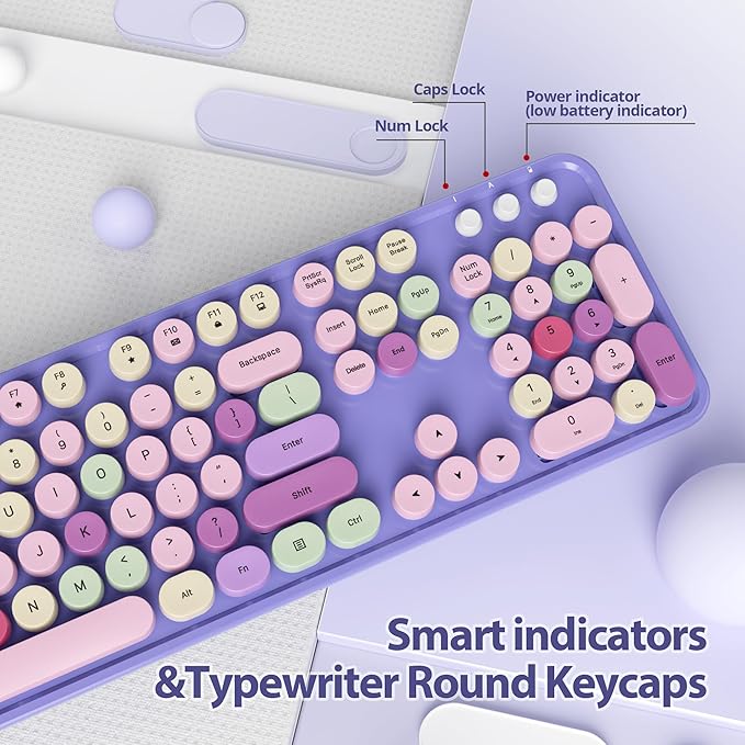 Purple Keyboard and Mouse Combo Wireless, 2.4G Full Size 104-Key Retro Typewriter Keyboards Round Keys for Students Teenagers Home Office PC Laptop(Colorful Purple)