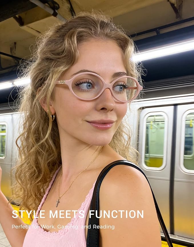 Slocyclub Fashion Oval Blue Light Blocking Glasses for Women Men Vintage Oval Small Frame Eyeglasses Retro Glasses with Eyeglass Case, Pink