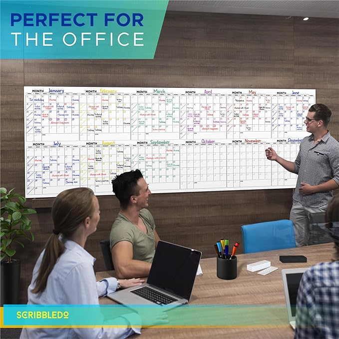 Extra Large 100"x36" Dry Erase Monthly Planner – 12-Month Whiteboard Calendar Includes 6 white Board Markers Eraser Push Pins & Mounting Tape