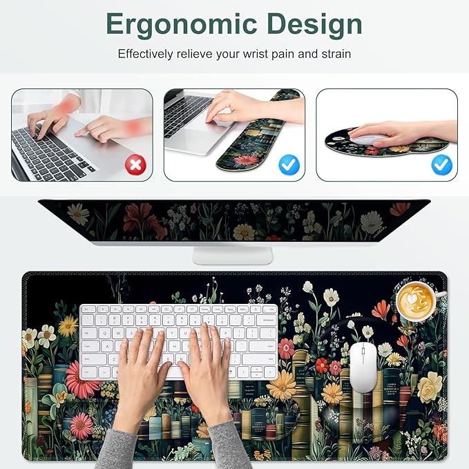 Wildflowers Mouse Pad, Large Desk Mat Extended Nature Botanical Aesthetic Deskpad, 4 PCS Non-Slip Rubber Base Computer Mouse Pads for Work, Game, Office, Home Decor Gifts I Floral Plants Books