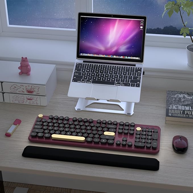 Wireless Keyboard and Mouse Combos, Retro Keyboard and Mouse Wireless Full Size, 2.4Ghz Connection and Optical Mouse for Windows, Mac, PC, Laptop for Home and Office (Burgundy-Black)