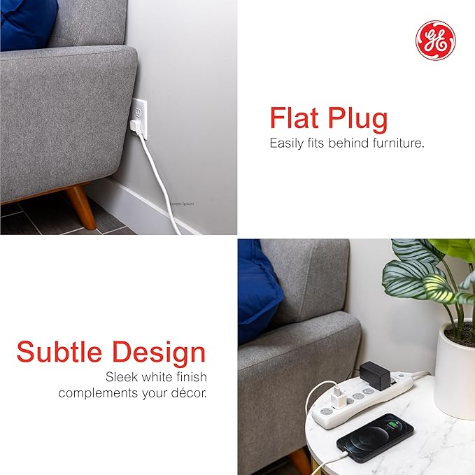 GE Surge Protector Power Strip,20 Ft Extension Cord,6 Outlet Extender,800 Joules,Flat Plug,Twist-to-Close Safety Covers,ETL Listed,White,50770 (Pack of 8)
