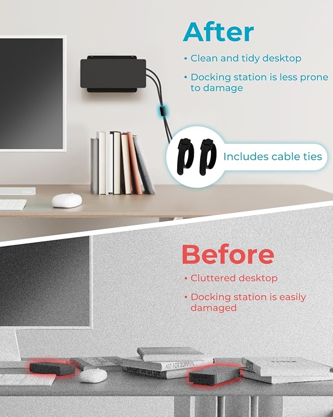 Metal Mount for Dell Docking Station Under Desk and Wall Mount for Dell UD22 WD19 WD19S WD22TB4 WD19TBS WD25 SD25 Series Dock & Power Adapter Mounting Bracket for Laptop Dock with Cable Ties