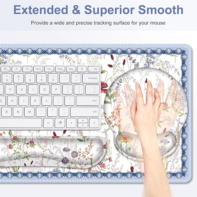 Floral Desk Mat, 4in1 Large Mouse Pad with Wrist Rest, Cute Desk Mat, Anti-Slip XXL Computer Ergonomic Mousepad with Wrist Support for Keyboard and Mouse, Colorful Weeds