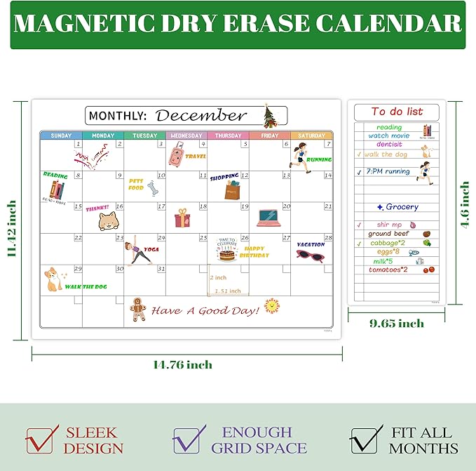 Magnetic Dry Erase Refrigerator Calendar with Markers - 15" x 11" Monthly Fridge Calendar and Today List, Fridge Whiteboard with Back Magnet