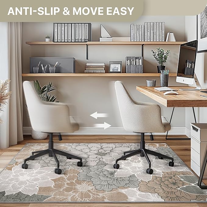 48"x60" Office Chair Mat for Hardwood Tile Floor, Under Desk Carpet Protector for Rolling Computer Chair Mat, Machine Washable Area Rug, Anti-Slip 1/5" Thick Low Pile Thin Vinyl Floor Mat, Taupe Grey