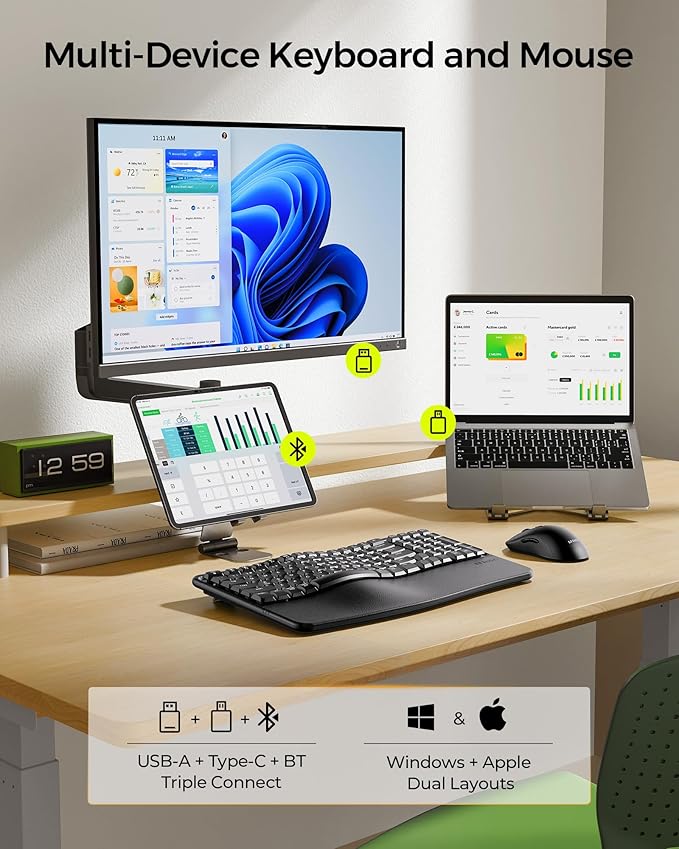 seenda Bluetooth Ergonomic Keyboard and Mouse, COE310 3 Multi-Device Connectivity, Rechargeable Wave Wireless Keyboard Mouse Combo, Compatible for Windows/macOS/PC/Laptop/MacBook/iPad - Black