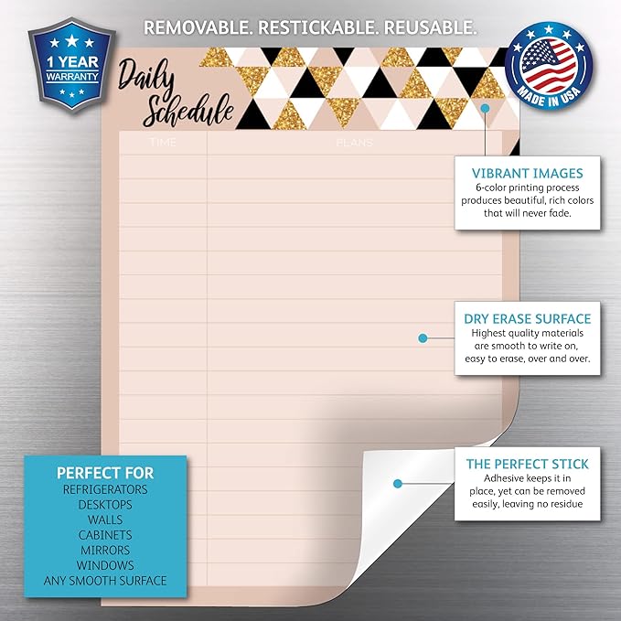 Dry Erase Daily Schedule Planner Sticker Decal by Glassboard Studio | Removable & Reusable | Magnetic Fine-Tip Marker Included (9 x 12 inches, Rose & Gold)