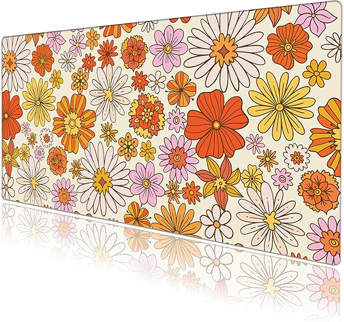 Orange Daisy Desk Protector, Stitched Edges Flower Mouse Mat, Large Office Mat, Non-Slip Blotter, Laptop Desk Pad, Floral Writing Pad for Office and Home (31.5" x 15.7")