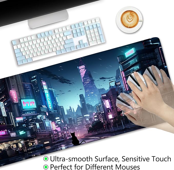 Cyberpunk Mouse Pad, Japanese Anime Cat Desk Mat, Neon Tokyo Extended Gaming Mouse Pads for Desktop Computer Laptop Office Work Game Home, 31.5x11.8 in