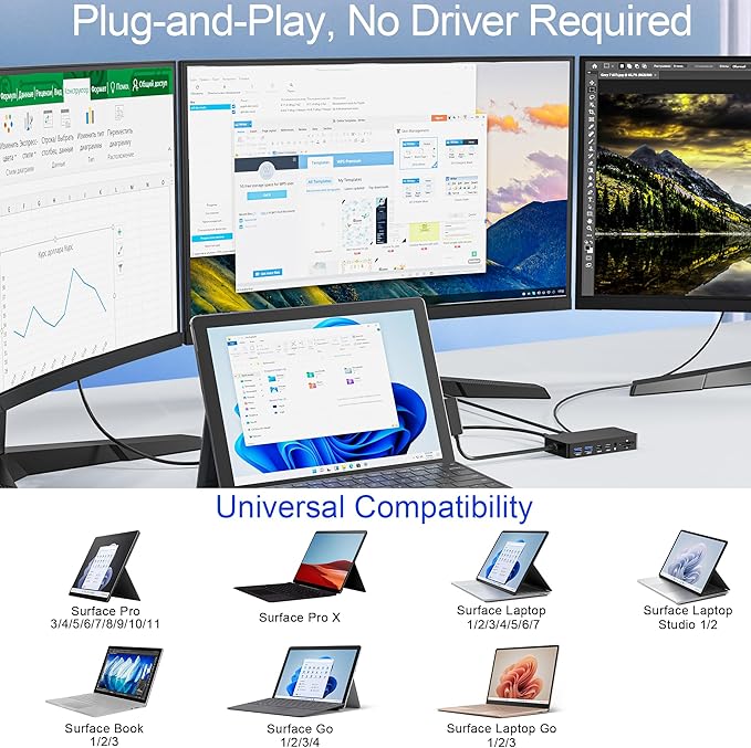 Surface Docking Station 12-in-1, Triple Display 4K@60Hz Dock with HDMI, DP, USB-C, 4-Screen Support, 4 USB Ports, SD/TF, Audio for Surface Pro 11/10/9/8/7, Surface Laptop, Book, Go