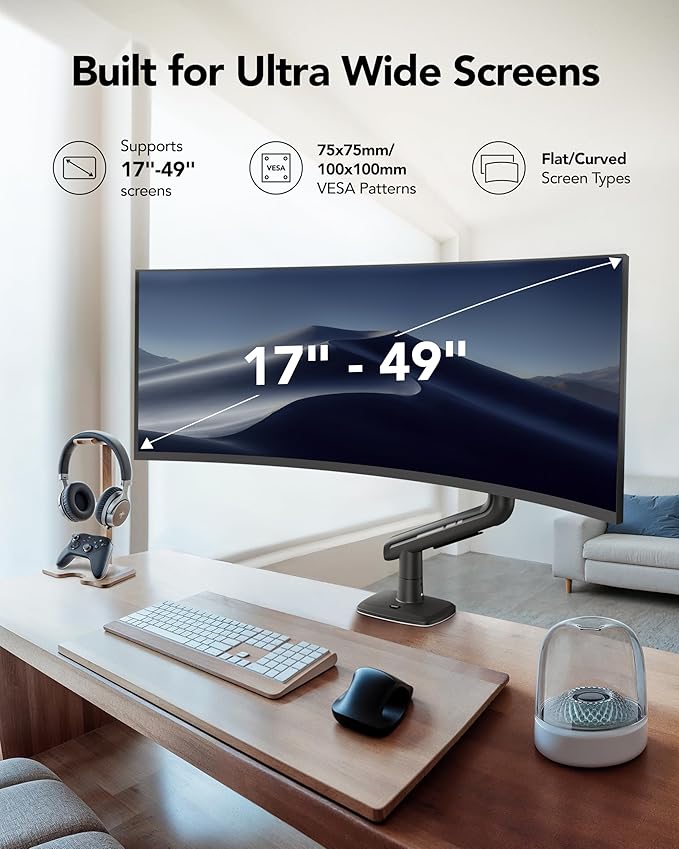 HUANUO TitanLift Heavy Duty Monitor Arm for Screens up to 49", Holds 44 lbs, Aluminum Ultrawide Screen Monitor Mount, Fully Adjustable Single Gaming Desk Mount with Dual C-Clamp, Max VESA 100x100mm
