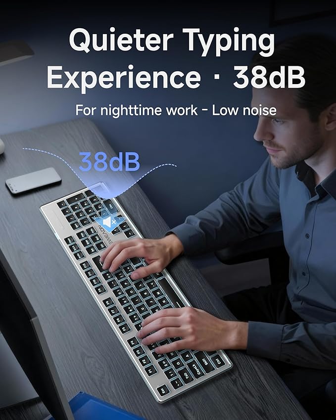 EWEADN GX710S Backlit Computer Keyboards, Wired USB Keyboard with Blue Backlit, Metal Panel, Plug and Play, Pudding Keycaps Full Size Quite Computer Keyboard for Win/PC/Laptop-Black