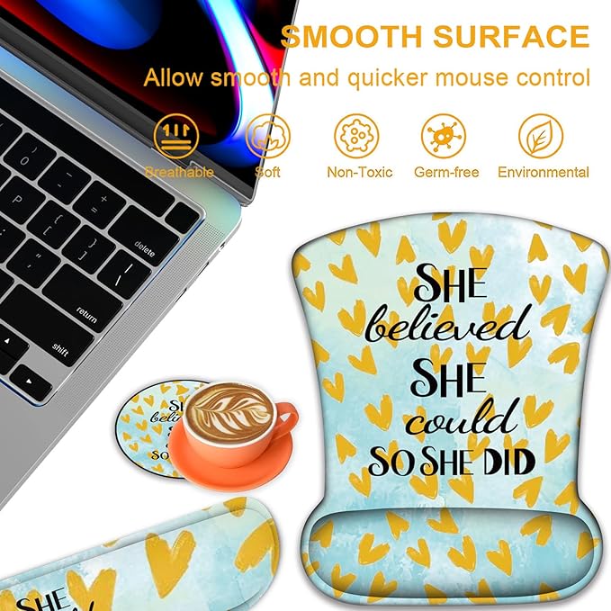 Ergonomic Mouse Pad, Mouse Wrist Rest Pad + Keyboard Wrist Rest Pad + Coaster, Made of Memory Foam, Easy to Use and Relieve Wrist Pain, Office, Home - She Believed She Could So She Did