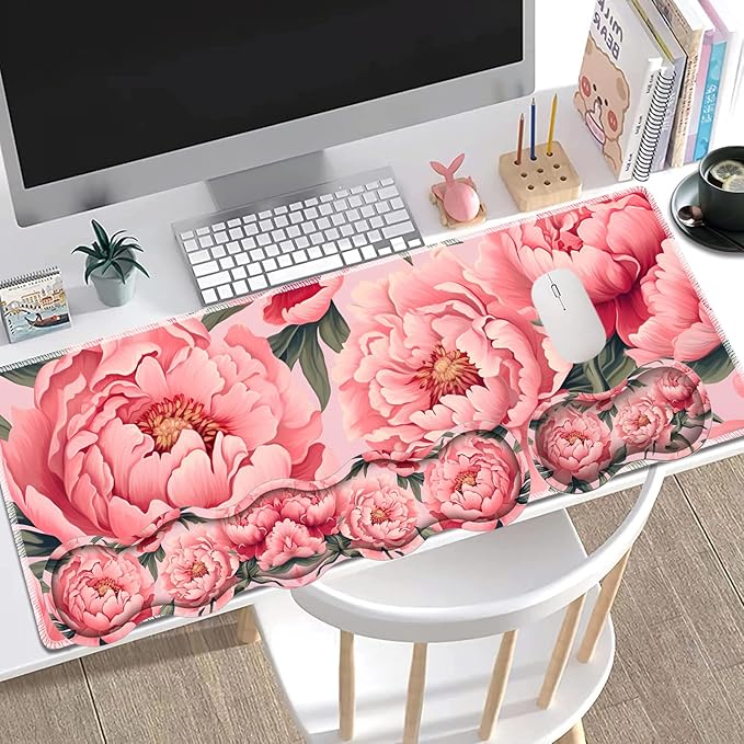 Large Gaming Mouse Pad + Keyboard Wrist Rest + Wrist Support + Coaster Set, Memory Foam Ergonomic for Easy Typing, XXL Extended Gaming Mouse Pad Table Pad - Art Pink Flowers