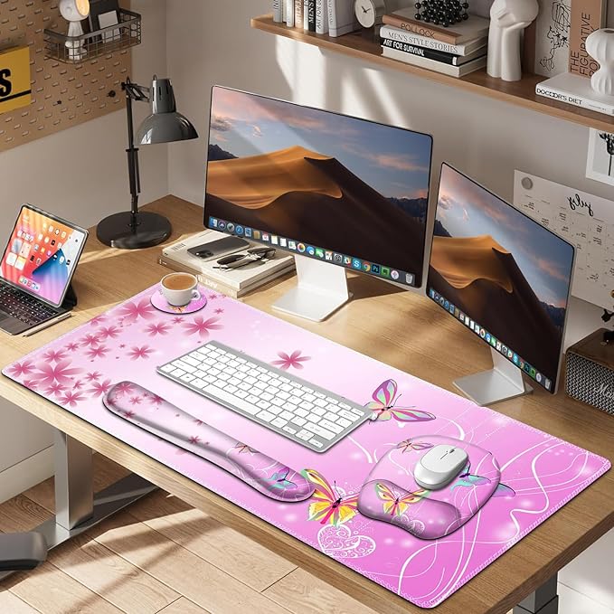 Mouse Pad with Wrist Support 4 in1 Set, XXL Big Game Mousepad + Keyboard Wrist Rest + Mouse Wrist Rest Pad +Coaster Gaming Mat for Work Study Home Office I Gradient Pink Butterfly Flower