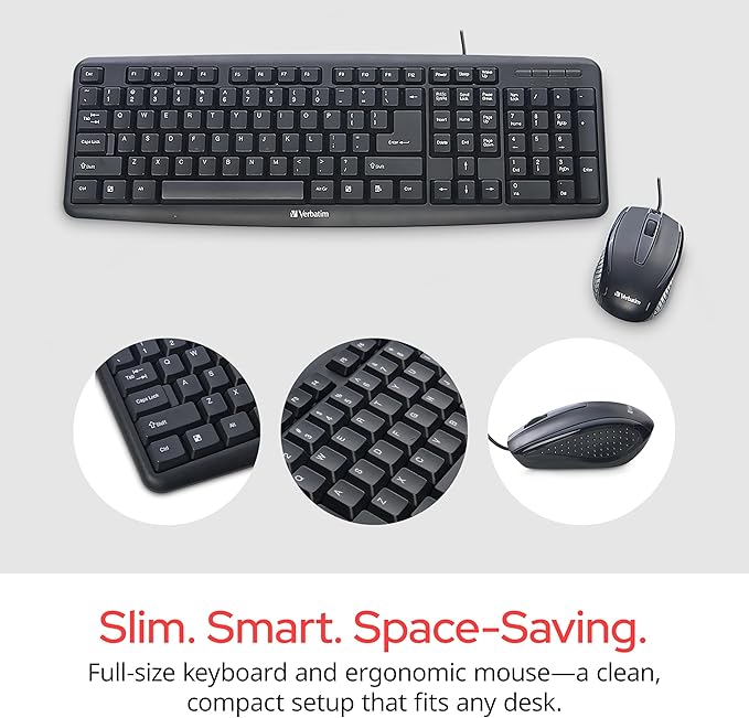 Verbatim Slimline Wired Keyboard and Mouse Combo USB Plug-and-Play Numeric Keypad Adjustable Tilt Legs Optical Corded Mouse Full-Size Computer Keyboard Compatible with PC, Laptop - FFP Packaging Black