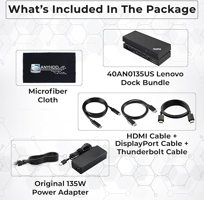 Lenovo 40AN0135US Thunderbolt 3 Dock - Gen 2 Dual UHD 4K Display with 135W Power Adapter, Thinkpad Lenovo Docking Station Dual Monitor with HDMI, DisplayPort, Thunderbolt Cable, Cloth