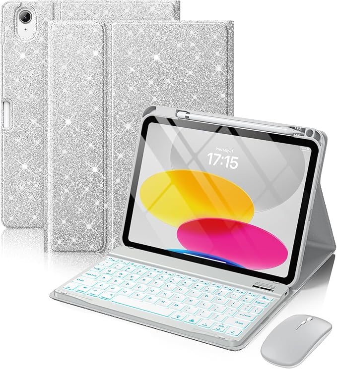 Hamile for iPad A16 Case with Keyboard - Mouse Backlit Wireless Detachable Keyboard Glitter Folio Cover with Pencil Holder for iPad 11th Gen A16 11-inch 2025 10th Generation 10.9 Inch 2022 - Silver