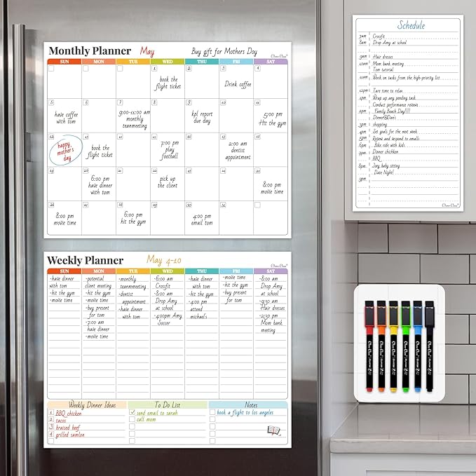 Non-Magnetic Dry Erase Calendar Set for Fridge - 14.5“x11.5 Reusable Monthly and Weekly Calendar - 6.5"x11.5" List Board Sticks to Most Smooth Surfaces - 6 Dry Erase Markers Included