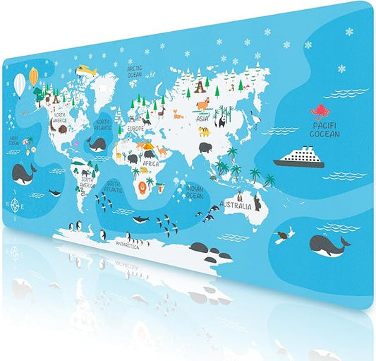 Kid's Desk Mat Cute Early Education Leather Desk Mat, Kawaii Blue Toddler World Map Waterproof Desk Writing Pad, Large Keyboard and Mouse Mat for Classroom/Kindergarten(35.4" X 15.7")