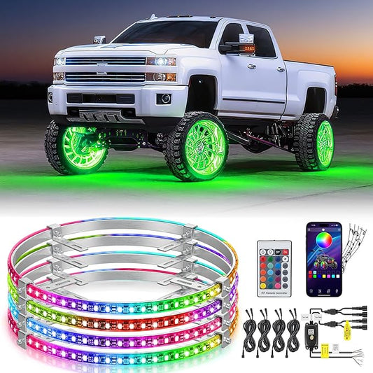 Nilight 4PCS 17.5inch LED Wheel Ring Lights RGB with APP and Remote Control Neon Lights Million Colors w/Turn Signal and Braking Function for Car Van SUV Truck