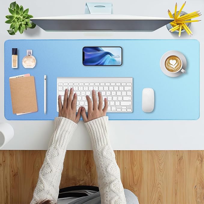 Bloss Blue Desk Mat, Non-Slip Desk Pad Mat Protector, Large Mouse Pad for Keyboard and Mouse, Mousepad with Stitched Edges, Keyboard Pad for Gamer, Office(35.4×15.7 Inches)