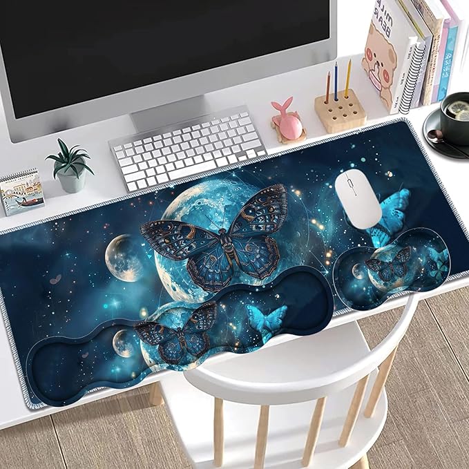 Large Gaming Mouse Pad + Keyboard Wrist Rest + Wrist Support + Coaster Set, Memory Foam Ergonomic for Easy Typing, XXL Extended Gaming Mouse Pad Table Pad - Selenophora Sibirica