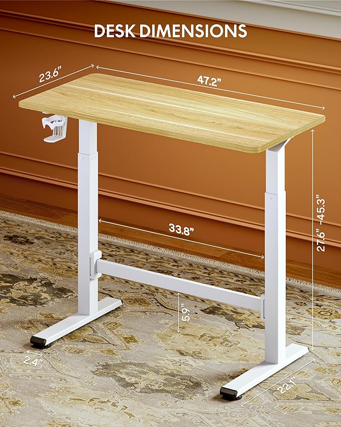 FLEXISPOT H7 Plus Gas Spring Adjustable Standing Desk, Mobile Rolling Sit-Stand Table with Wheels, Cordless Stand Up Desk for Small Spaces & Home Office, 48" One-Piece Desktop Maple,Height 27.6"–45"