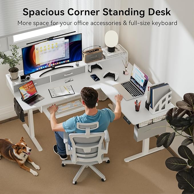 63 Inches Height Adjustable L Shaped Standing Desk with 2 Drawers and Keyboard Tray, Electric Sit to Stand Home Office Comupter Table, Ergonomic Corner Gaming Desk, White