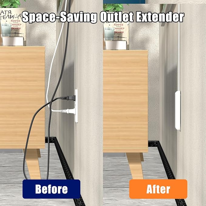 8FT Ultra Flat Plug Extension Cord Power Strip with 3 Outlets, Patented Detachable Ultra-Thin Outlet Cover Concealer & Ultra-Flat Plug, Max. 13A 125V 1625W ETL Listed, White Color