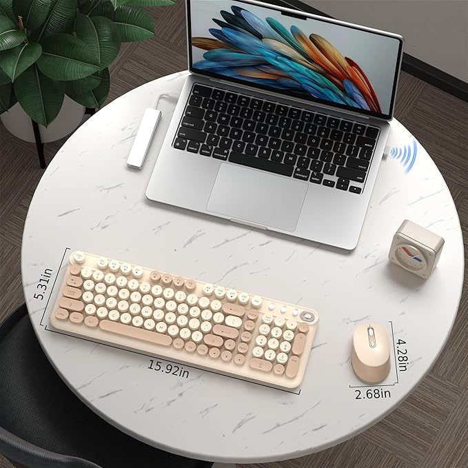 Wireless Keyboard and Mouse Combo, 2.4GHz USB Receiver, Plug and Play, Retro Full Size Typewriter Keyboard and Wireless Mouse for Computer, Laptop, Windows, Mac, and PC (Milk Tea)