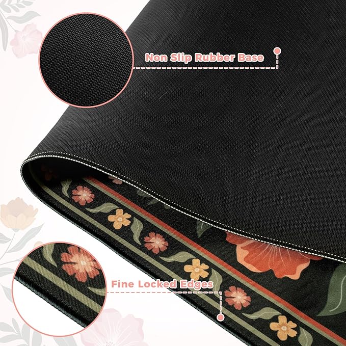 iLeadon Cute Desk Cover Mat, Extended Floral Stitched Edges Desk Pad for Keyboard and Mouse, Soft Large Gaming Mouse Pad, Non Slip Desks Blotter Mat for Office Home (Black)