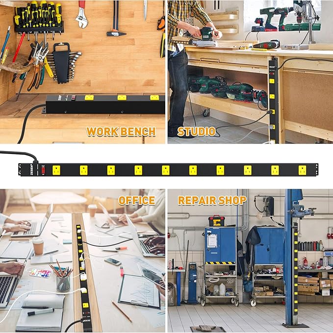 10 Outlet Long Power Strip, Wide Spaced Outlet Power Bar, Heavy Duty Metal Power Strip with 4FT Cord for Work Bench, Garage, Shop, Overload Protection Switch, ETL Listed (15A/1875W), Black