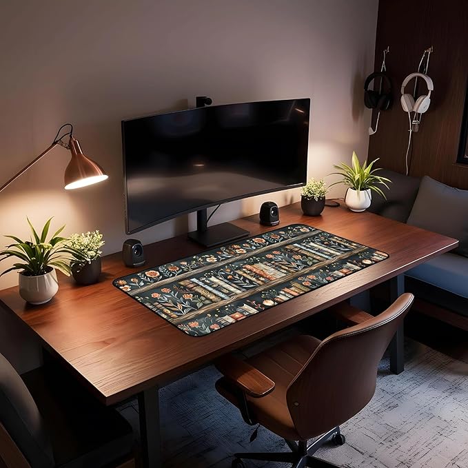 Vintage Flower Bookshelf Desk Mat, Library Book Mouse Pad Desk Pad, Extended Large Gaming Computer Laptop Keyboard and Mousepad, with Stitching Edges, for Women Office Desk Decor 31.5"X15.7"